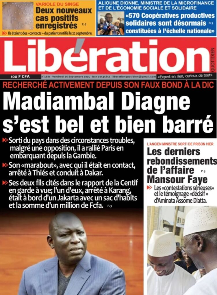 Découvrez les Unes des journaux sénégalais du vendredi 26 septembre 2025