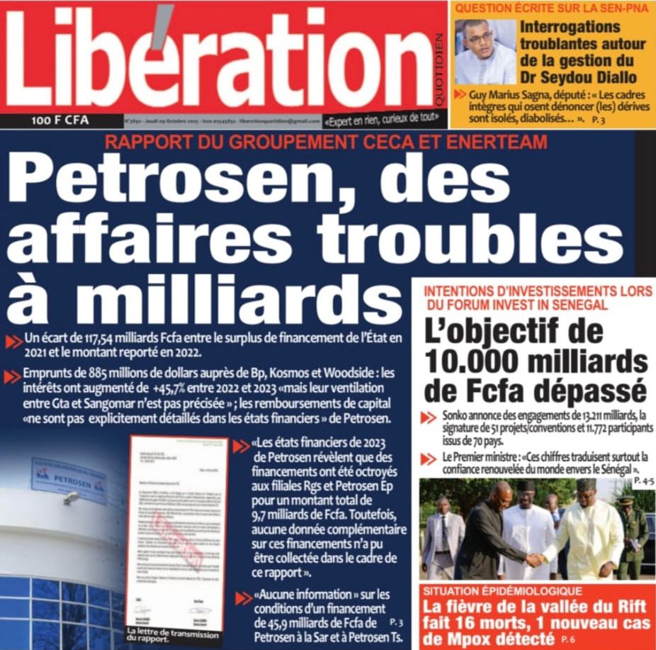 Découvrez les Unes des journaux sénégalais du jeudi 9 octobre 2025