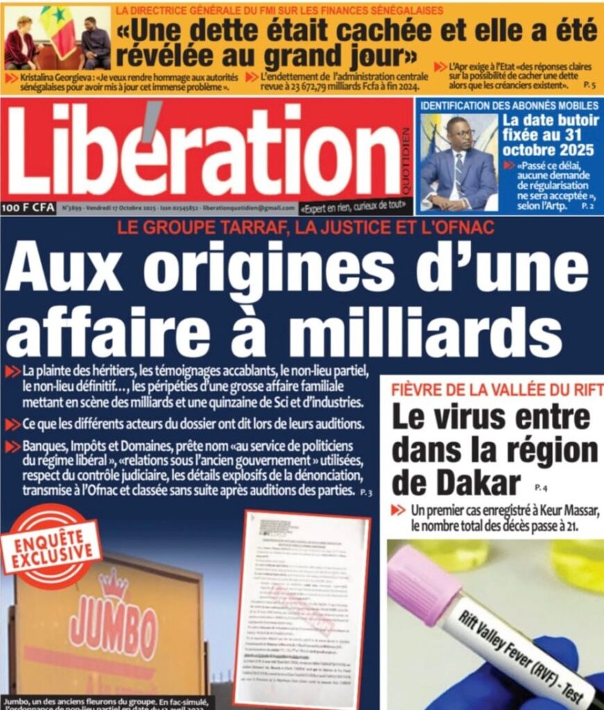 Découvrez les Unes des journaux sénégalais du vendredi 17 octobre 2025