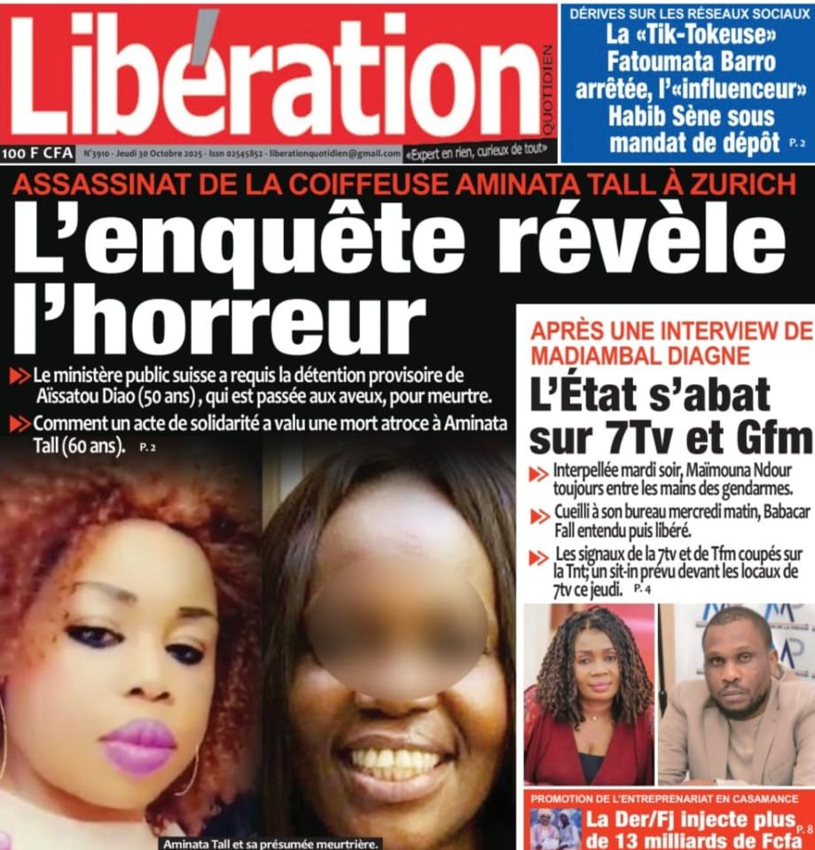 Découvrez les Unes des journaux sénégalais du jeudi 30 octobre 2025