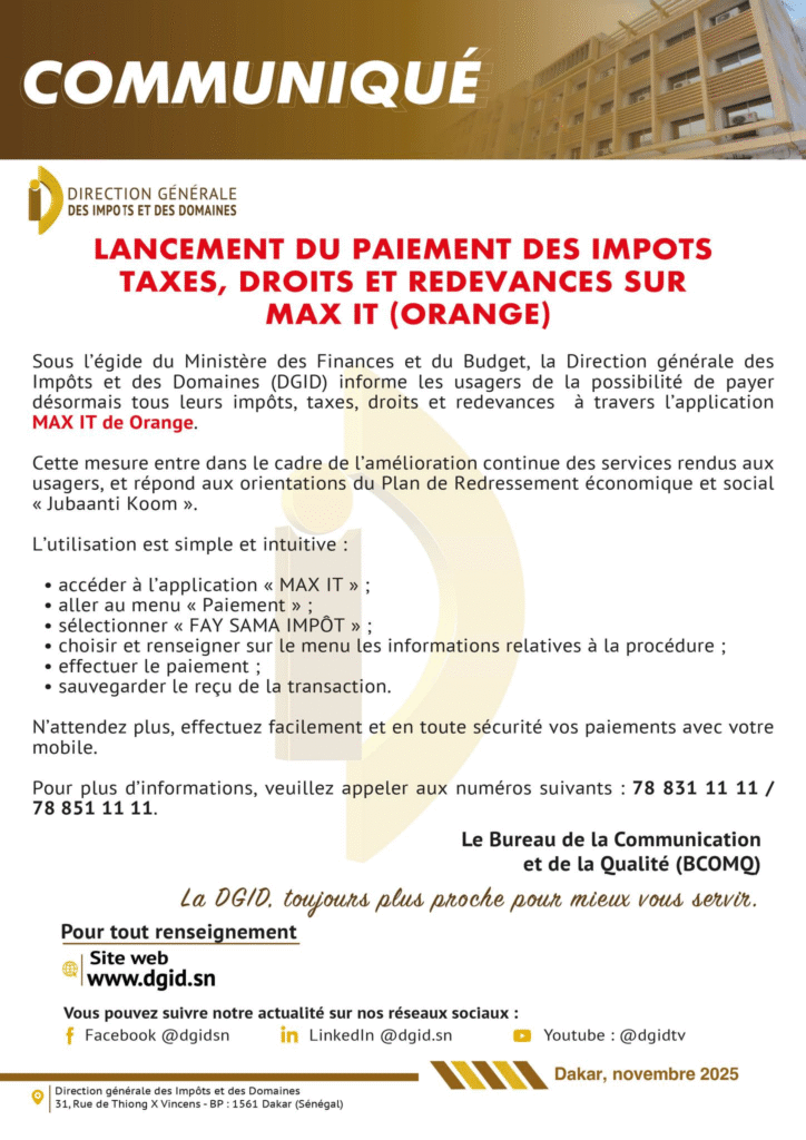 Communiqué de la Direction Générale des Impôts et Domaines.