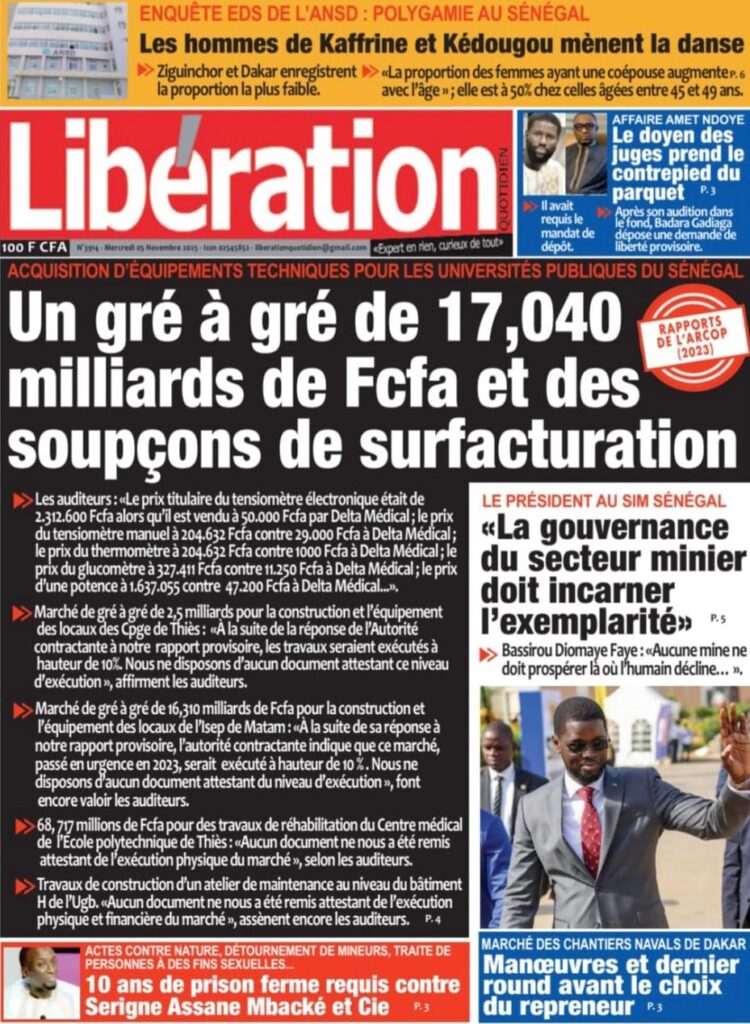 Découvrez les Unes des journaux sénégalais du mercredi 5 novembre 2025