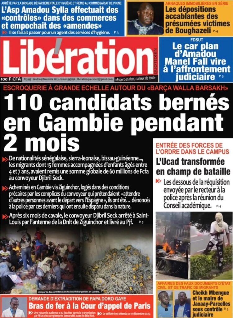 Découvrez les Unes des journaux sénégalais du jeudi 4 décembre 2025