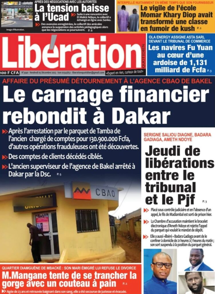 Découvrez les Unes des journaux sénégalais du vendredi 5 décembre 2025