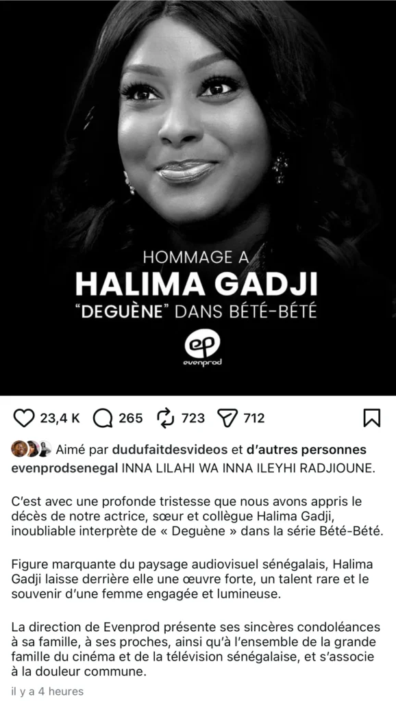 Pour honorer la mémoire de Halima Gadji, les témoignages concordants livrés par les maisons de production Evenprod et Marodi