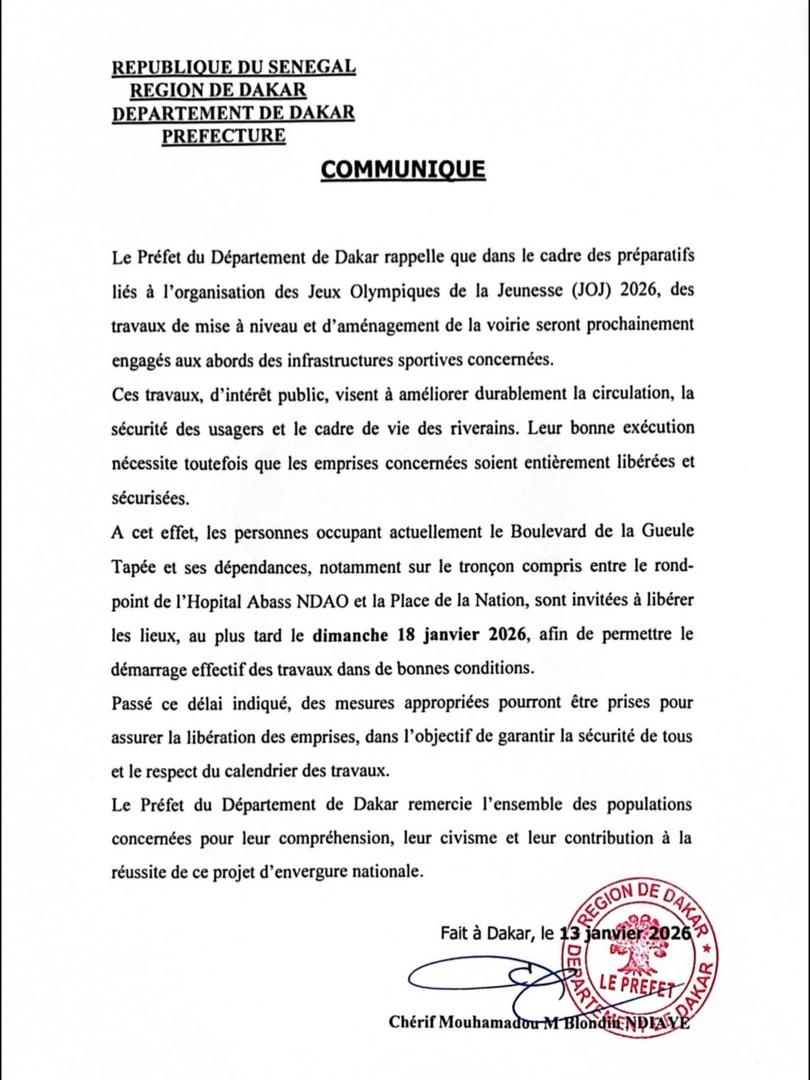 Le préfet de Dakar ordonne la libération du boulevard de la Gueule Tapée