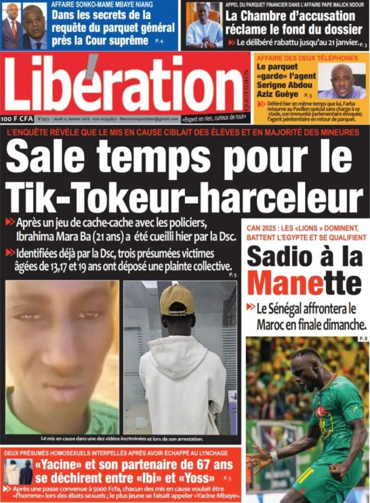 Découvrez les Unes des journaux sénégalais du jeudi 15 janvier 2026
