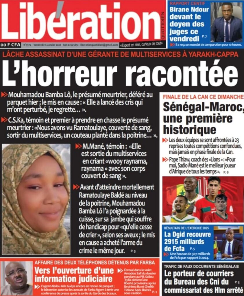 Découvrez les Unes des journaux sénégalais du vendredi 16 janvier 2026