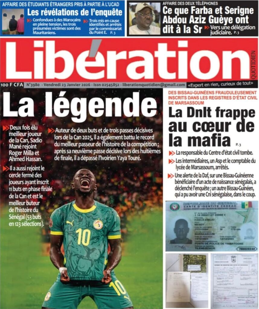 Découvrez les Unes des journaux sénégalais du vendredi 23 janvier 2026