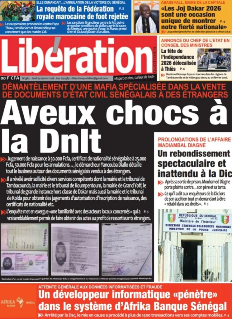 Découvrez les Unes des journaux sénégalais du jeudi 29 janvier 2026