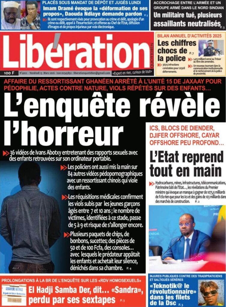 Découvrez les Unes des journaux sénégalais du vendredi 13 mars 2026