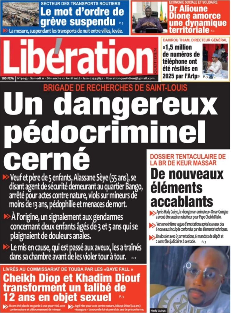Découvrez les Unes des journaux sénégalais du samedi 11 avril 2026