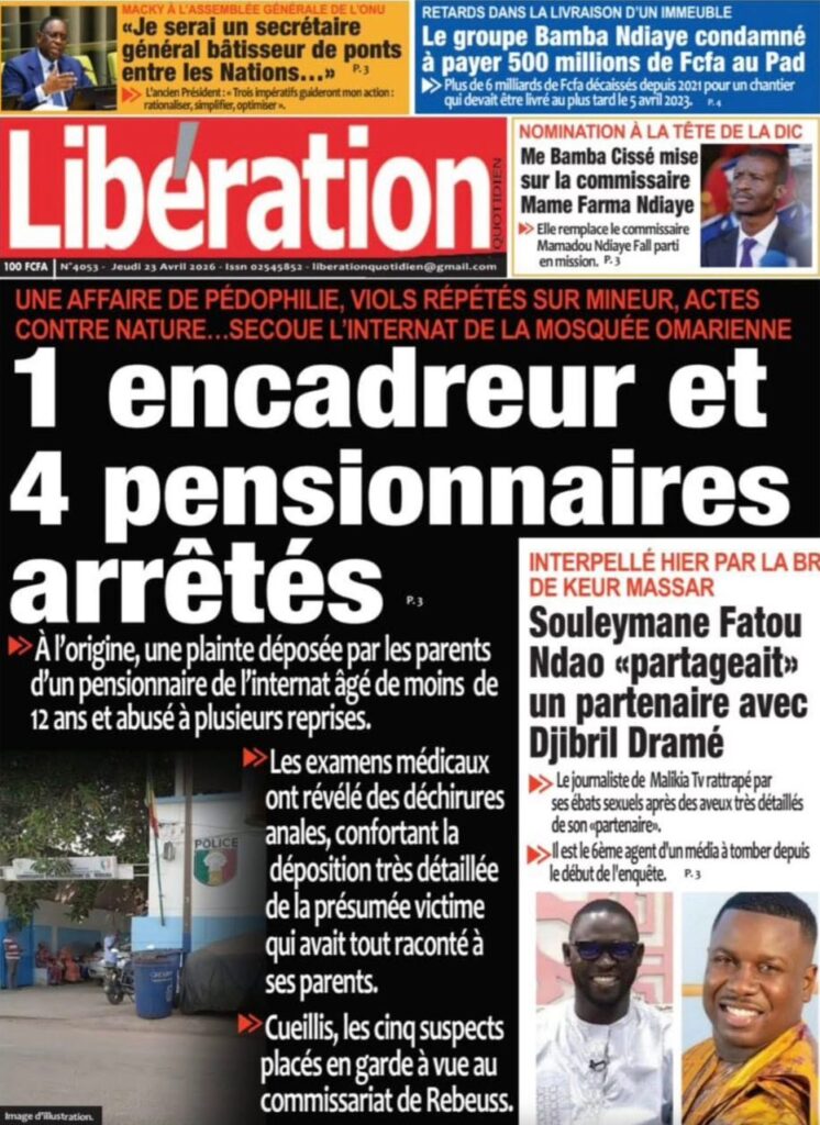 Découvrez les Unes des journaux sénégalais du jeudi 23 avril 2026