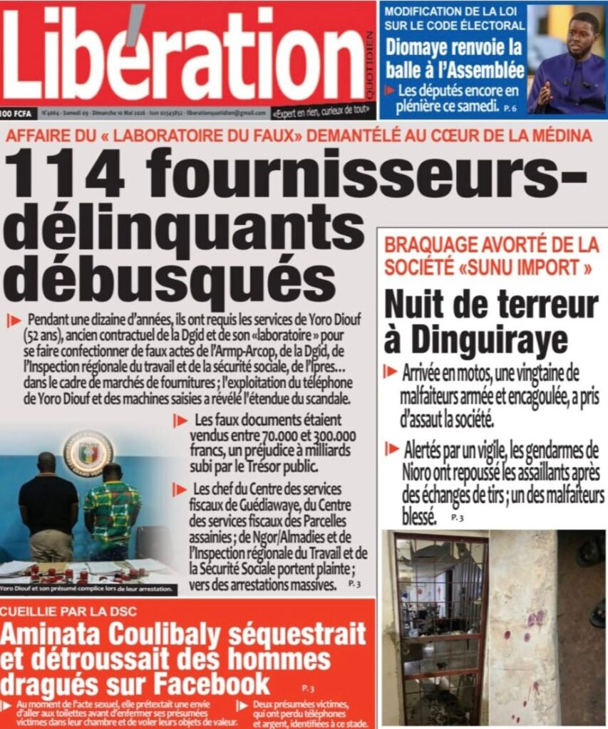 Découvrez les Unes des journaux sénégalais du samedi 09 mai 2026